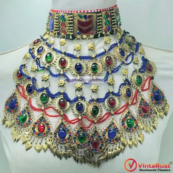 Multicolor Big Unique Choker Necklace, Old Kuchi Afghan Choker Necklace - Picture 5 of 12